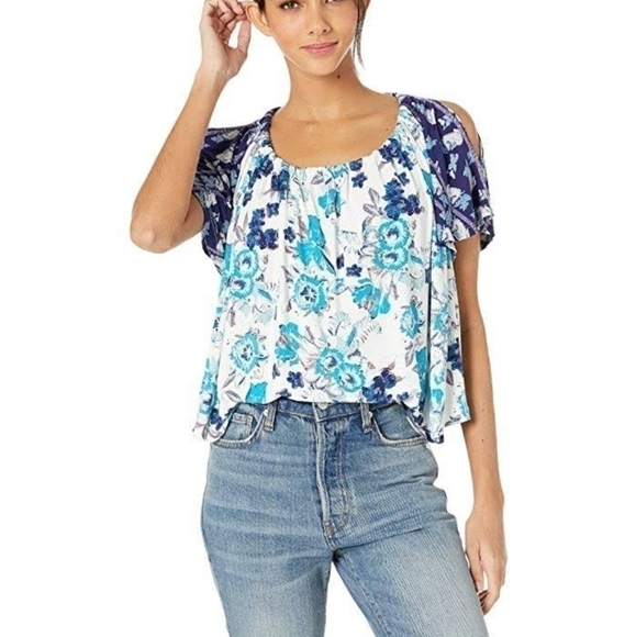 Free People Blue Floral Boho Baja Babe Open Tie Back Cold Shoulder Flowy Top XS - Picture 2 of 9